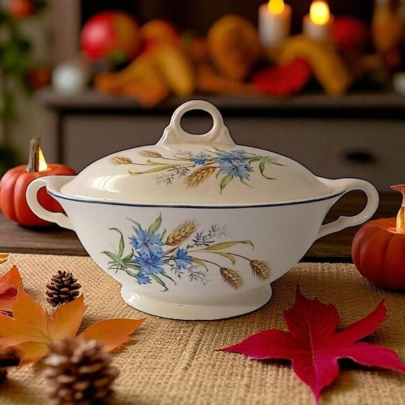 Candle Light American Limoges Covered Vegetable Dish Bowl Golden Wheat Vintage - Picture 13 of 16